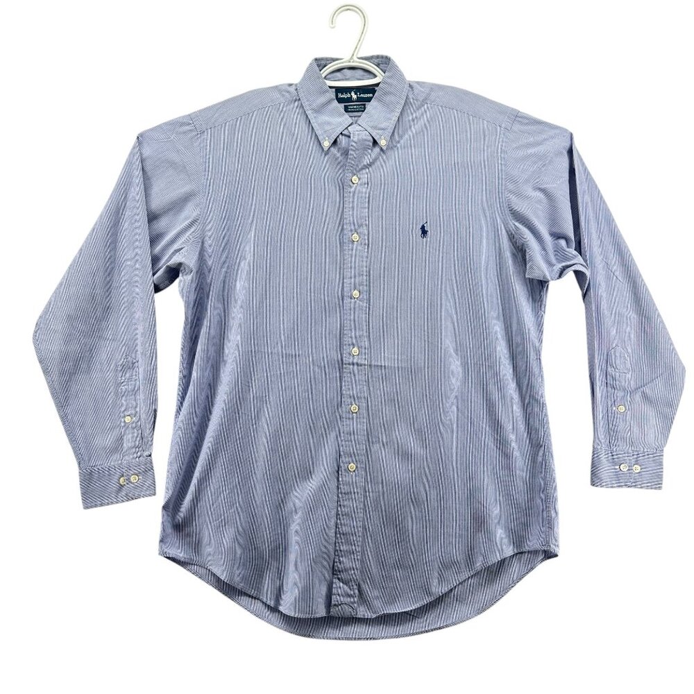 Ralph Lauren Mens Button Blue Stipe Long Sleeve Size 34